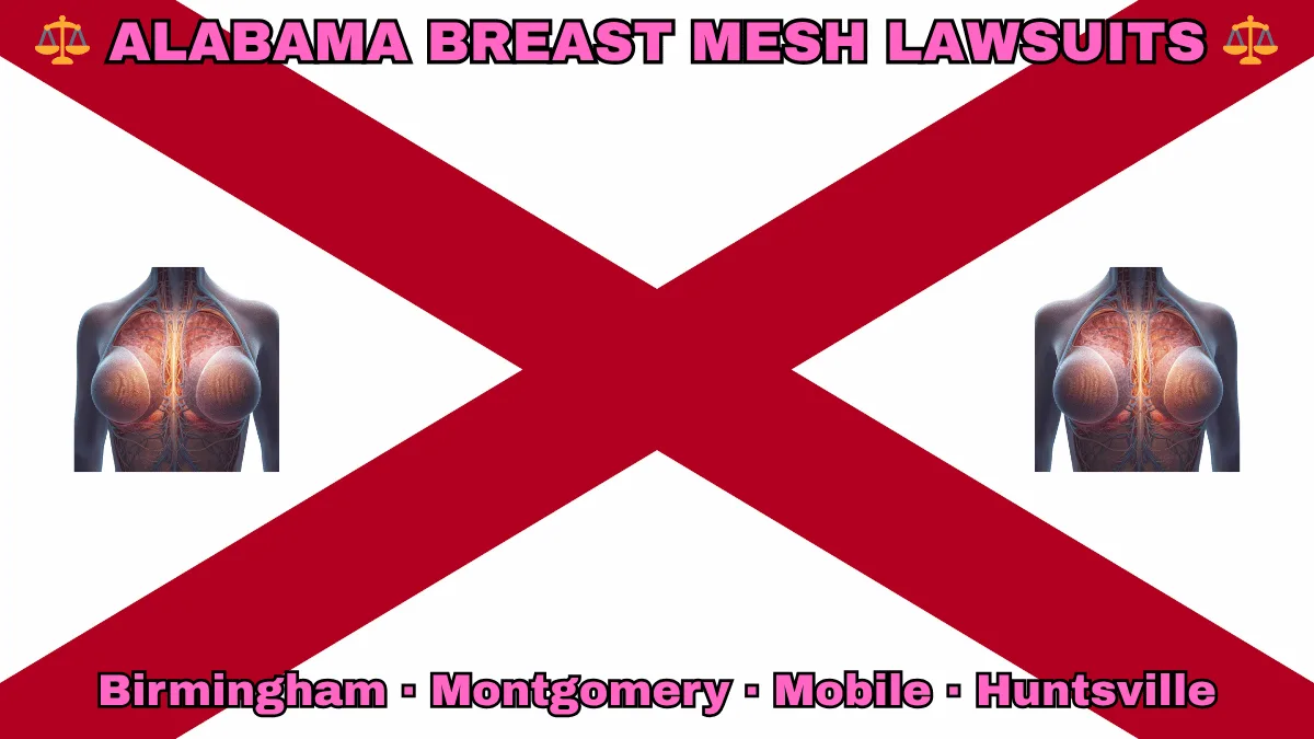 ALABAMA BREAST MESH LAWSUITS: Birmingham, Montgomery, Mobile, and Huntsville text on AL state flag adorned with internal bra implants depicted near a red St. Andrew's cross on a white background.