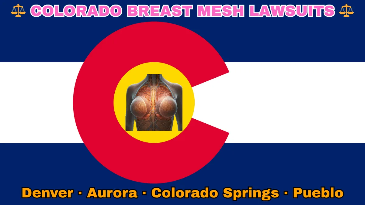 COLORADO BREAST MESH LAWSUITS: Denver, Aurora, Colorado Springs, and Pueblo text on CO state flag adorned with internal bra implants depicted near an old red "C" with a golden circle on blue and white stripes