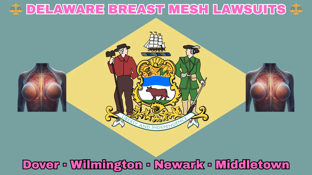 DELAWARE BREAST MESH LAWSUITS: Dover, Wilmington, Newark, and Middletown text on DE state flag adorned with internal bra implants depicted near a coat of arms and 1787 date