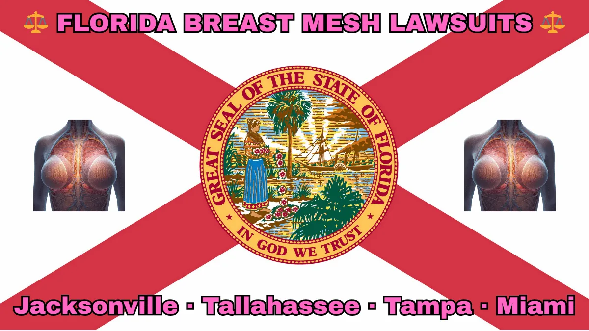 FLORIDA BREAST MESH LAWSUITS: Jacksonville, Tallahassee, Tampa, and Miami text on FL state flag adorned with internal bra implants depicted near a red cross and SEAL of a Seminole woman scattering flowers by a shoreline with a boat, palm trees, and sunlight.
