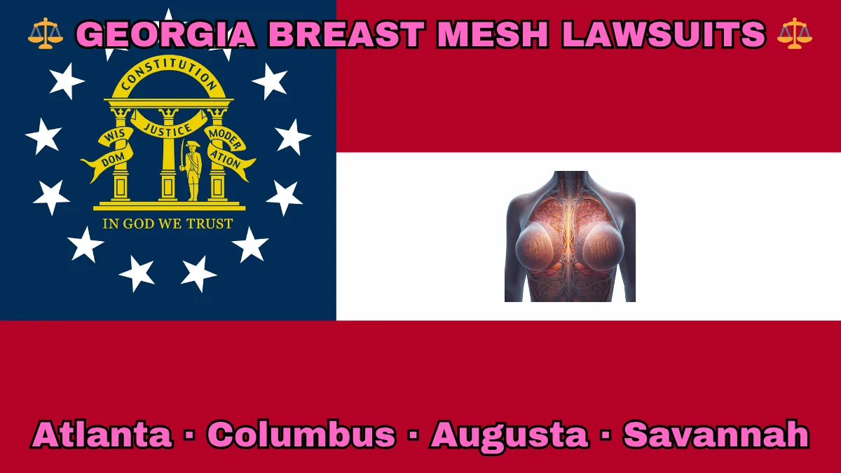 GEORGIA BREAST MESH LAWSUITS: Atlanta, Columbus, Augusta, and Savannah text on GA state flag adorned with internal bra implants depicted near a gold arch on blue canton with three pillars and 13 white stars, next to three thick red and white stripes.