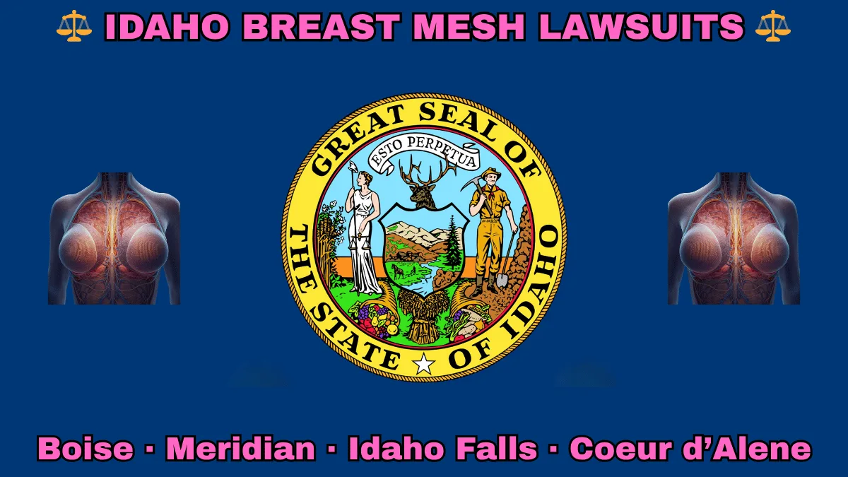 IDAHO BREAST MESH LAWSUITS: Boise, Meridian, Idaho Falls, and Coeur d’Alene text on ID state flag adorned with internal bra implants depicted on a blue field near the official seal and banner