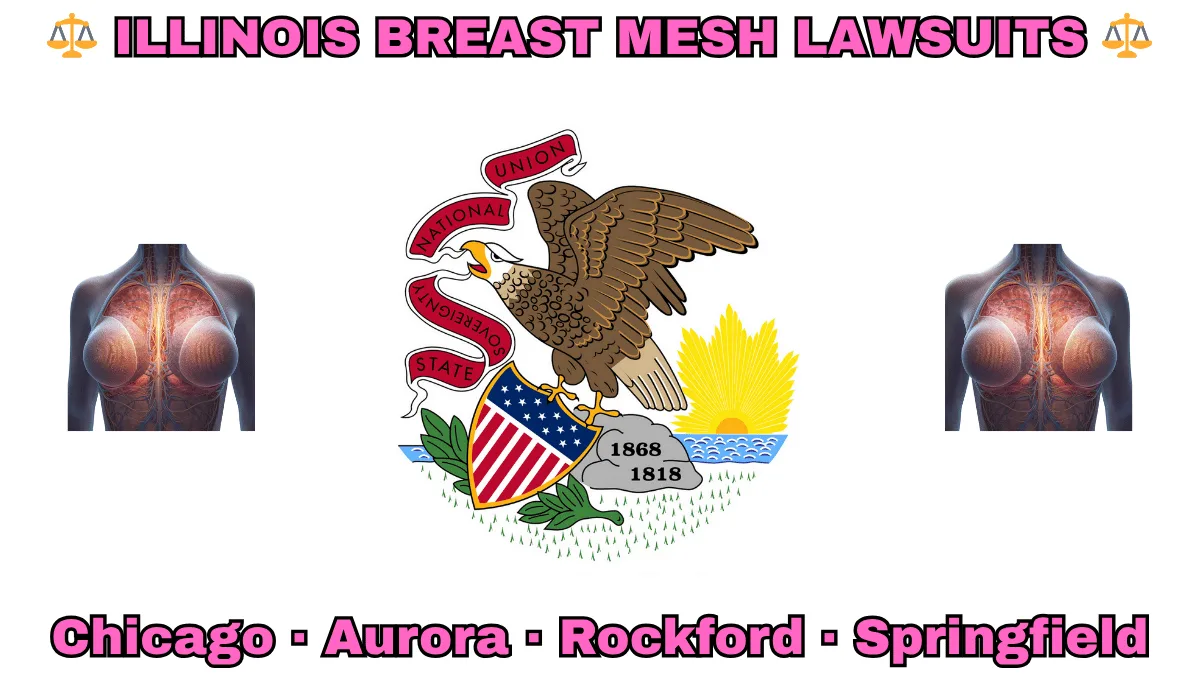 ILLINOIS BREAST MESH LAWSUITS: Chicago, Aurora, Rockford, and Springfield text on IL state flag adorned with internal bra implants depicted near a bald eagle perched on a rock and holding a shield, as the sun shines bright.