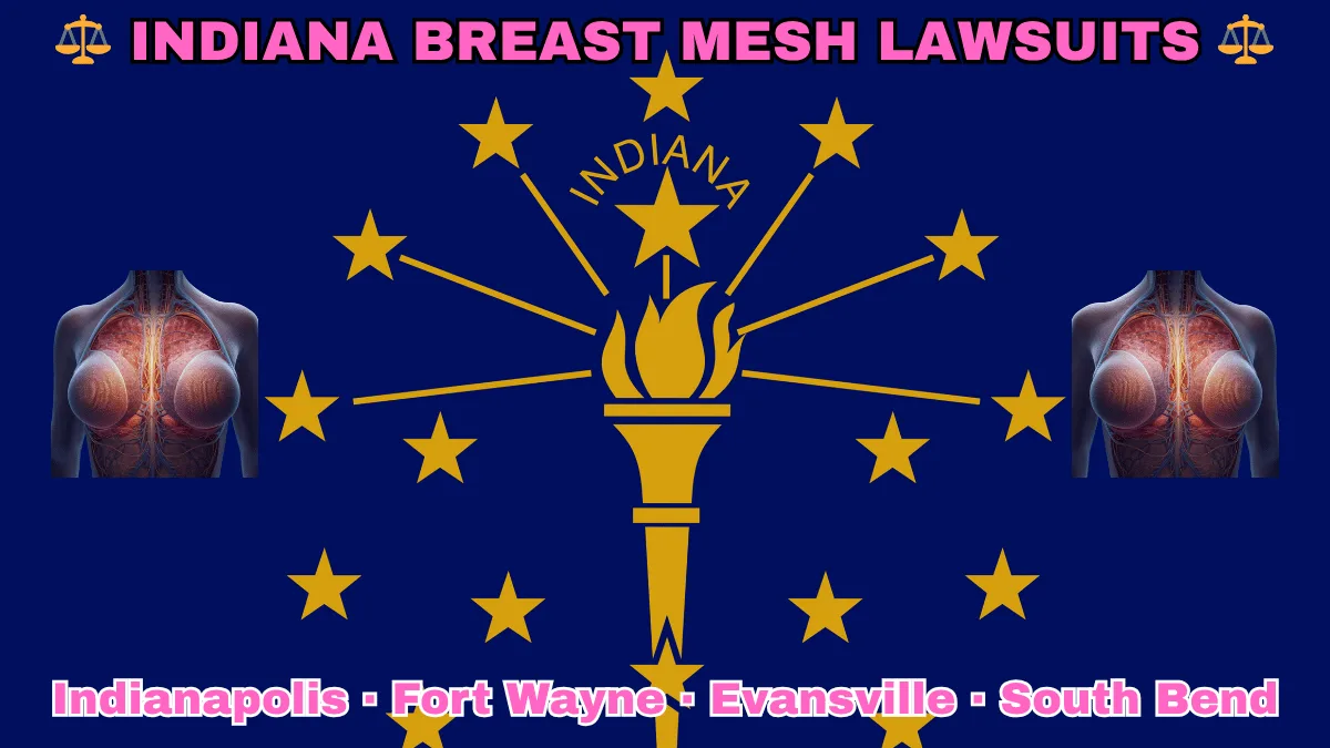 INDIANA BREAST MESH LAWSUITS: Indianapolis, Fort Wayne, Evansville, and South Bend text on IN state flag adorned with internal bra implants depicted near a gold torch and stars.