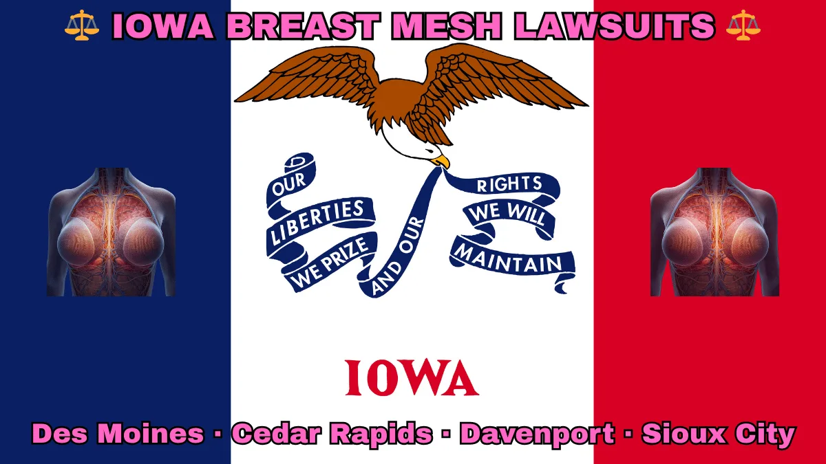 IOWA BREAST MESH LAWSUITS: Boise, Meridian, Idaho Falls, Coeur d'Alene text on IA state flag adorned with internal bra implants depicted along blue, white, and red vertical stripes near an eagle and banner