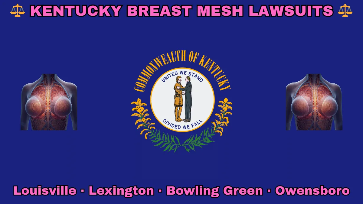 KENTUCKY BREAST MESH LAWSUITS: Louisville, Lexington, Bowling Green, and Owensboro text on KY state flag adorned with internal bra implants depicted on a blue field near the official seal and “UNITED WE STAND” motto
