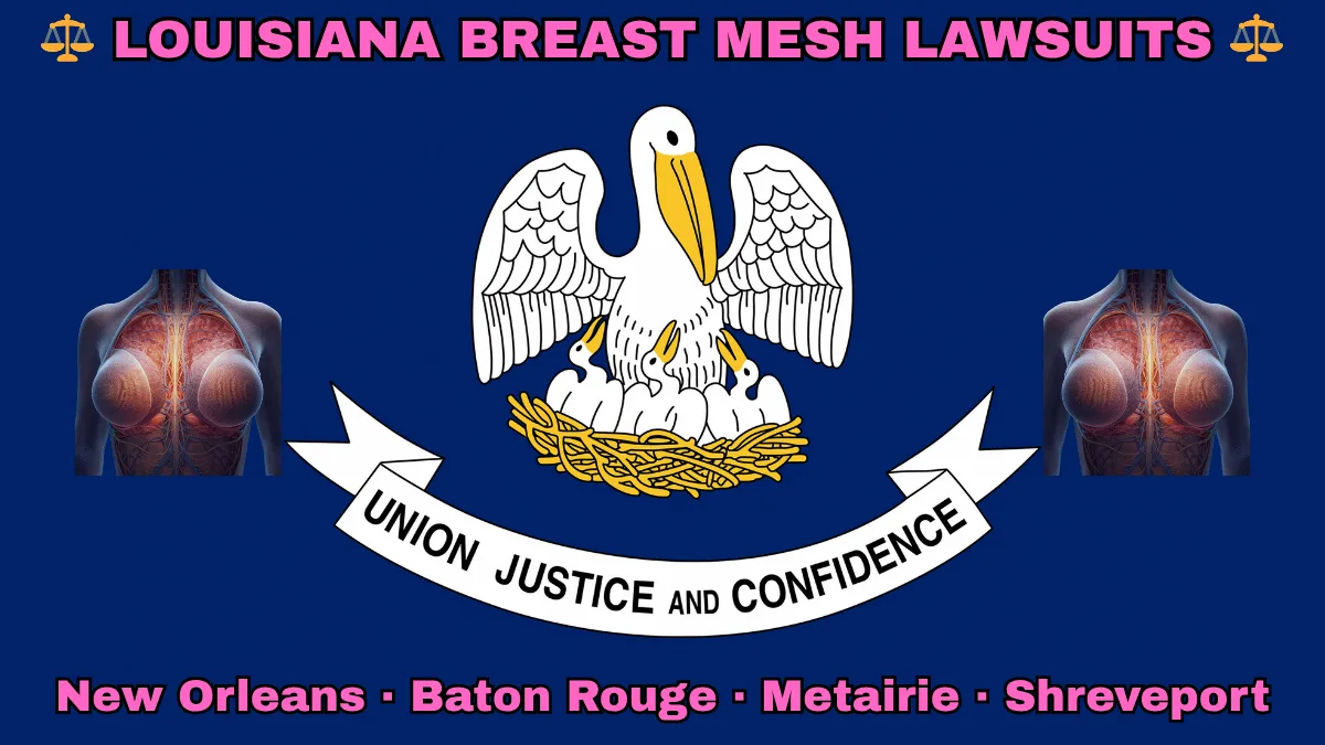 LOUISIANA BREAST MESH LAWSUITS: New Orleans, Baton Rouge, Metairie, and Shreveport text on LA state flag adorned with internal bra implants depicted near a pelican feeding chicks with motto “UNION, JUSTICE, CONFIDENCE"