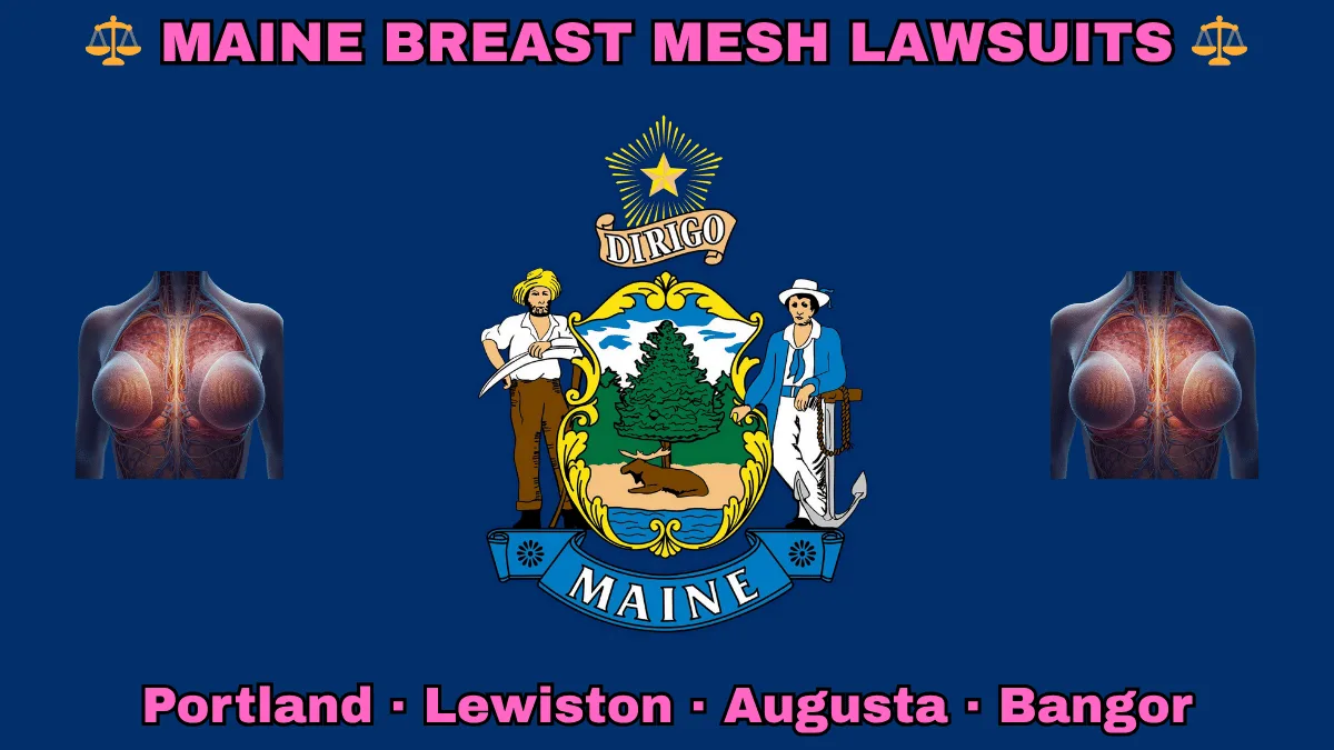 MAINE BREAST MESH LAWSUITS: Portland, Lewiston, Augusta, and Bangor text on ME state flag adorned with internal bra implants depicted on a blue field near a shield, pine tree, moose, and “DIRIGO” motto