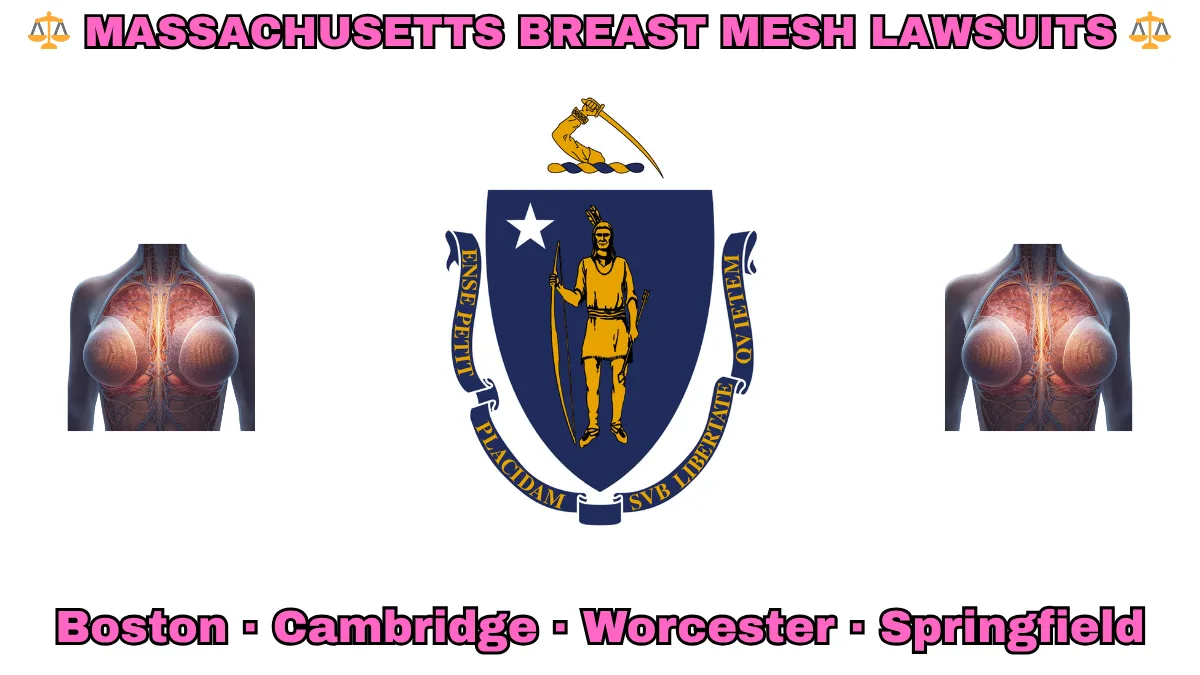 MASSACHUSETTS BREAST MESH LAWSUITS: Boston, Cambridge, Worcester, and Springfield text on MA state flag adorned with internal bra implants depicted near a shield featuring a Native American person with bow and arrow under a star and sword.