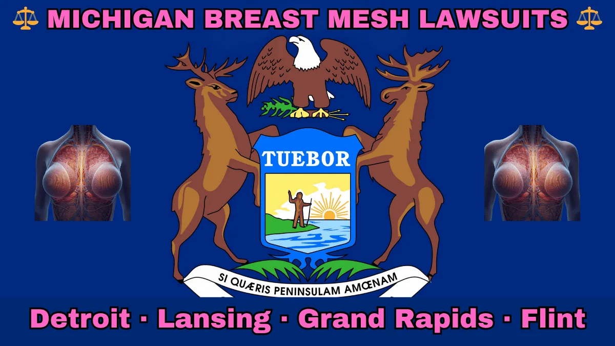 MICHIGAN BREAST MESH LAWSUITS: Detroit, Lansing, Grand Rapids, and Flint text on MI state flag adorned with internal bra implants depicted near an elk, moose and bald eagle flanking a shield featuring a man standing on a sunny lake with a raised hand and rifle.