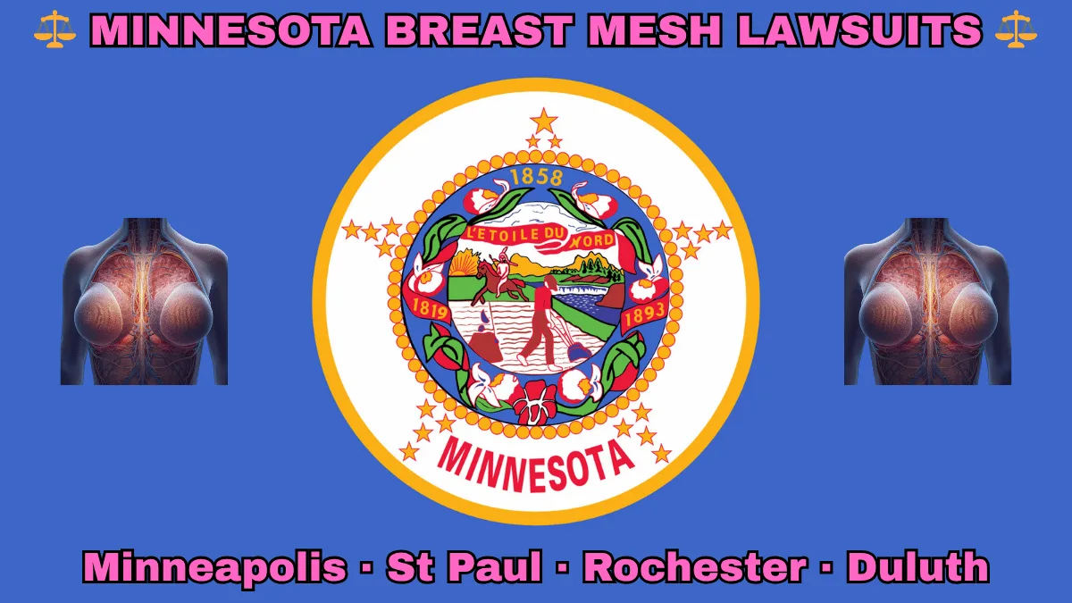 MINNESOTA BREAST MESH LAWSUITS: Minneapolis, St Paul, Rochester, and Duluth text on MN state flag adorned with internal bra implants depicted on blue background near the official seal featuring a wreath of pink-and-white lady’s slippers