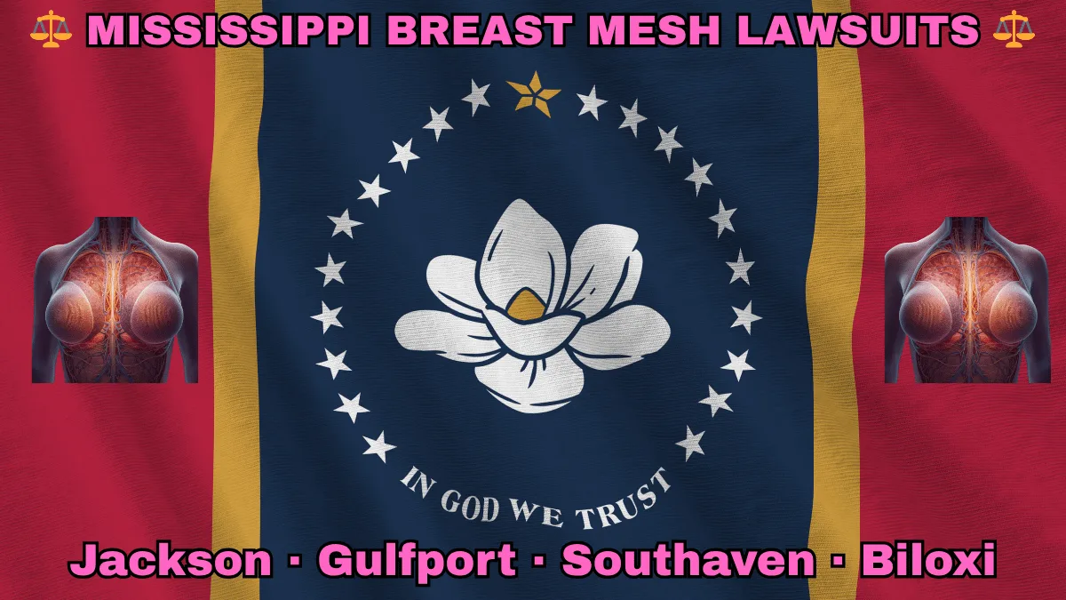 MISSISSIPPI BREAST MESH LAWSUITS: Jackson, Gulfport, Southaven, and Biloxi text on MS state flag adorned with internal bra implants depicted along red, gold, and blue stripes near magnolia blossom and stars
