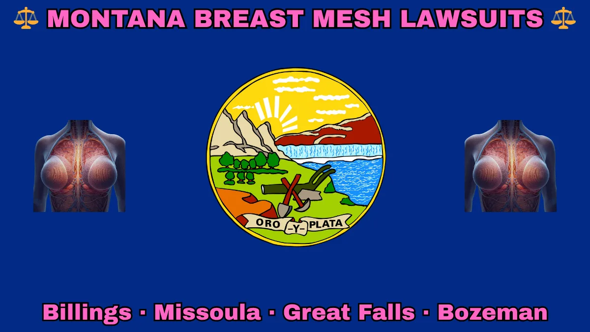 MONTANA BREAST MESH LAWSUITS: Billings, Missoula, Great Falls, and Bozeman text on MT state flag adorned with internal bra implants depicted on a blue field near official seal featuring a plow and mountains