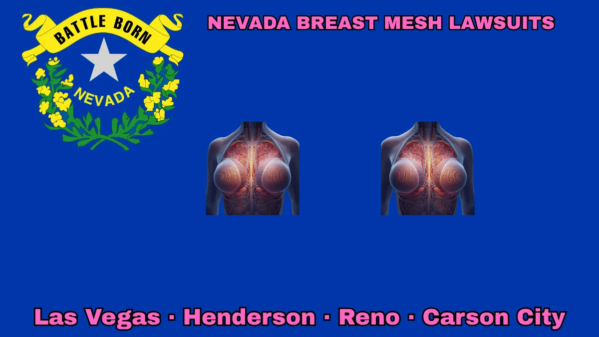 NEVADA BREAST MESH LAWSUITS: Las Vegas, Henderson, Reno, and Carson City text on NV state flag adorned with internal bra implants depicted on a blue field near a silver star and “BATTLE BORN” motto