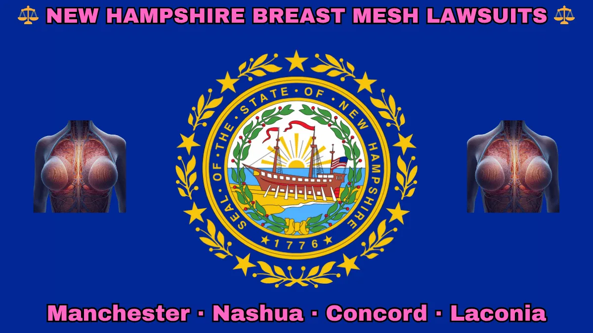 NEW HAMPSHIRE BREAST MESH LAWSUITS: Manchester, Nashua, Concord, and Laconia text on NH state flag adorned with internal bra implants depicted on blue field near a Portsmouth's frigate encircled by laurel leaves and stars