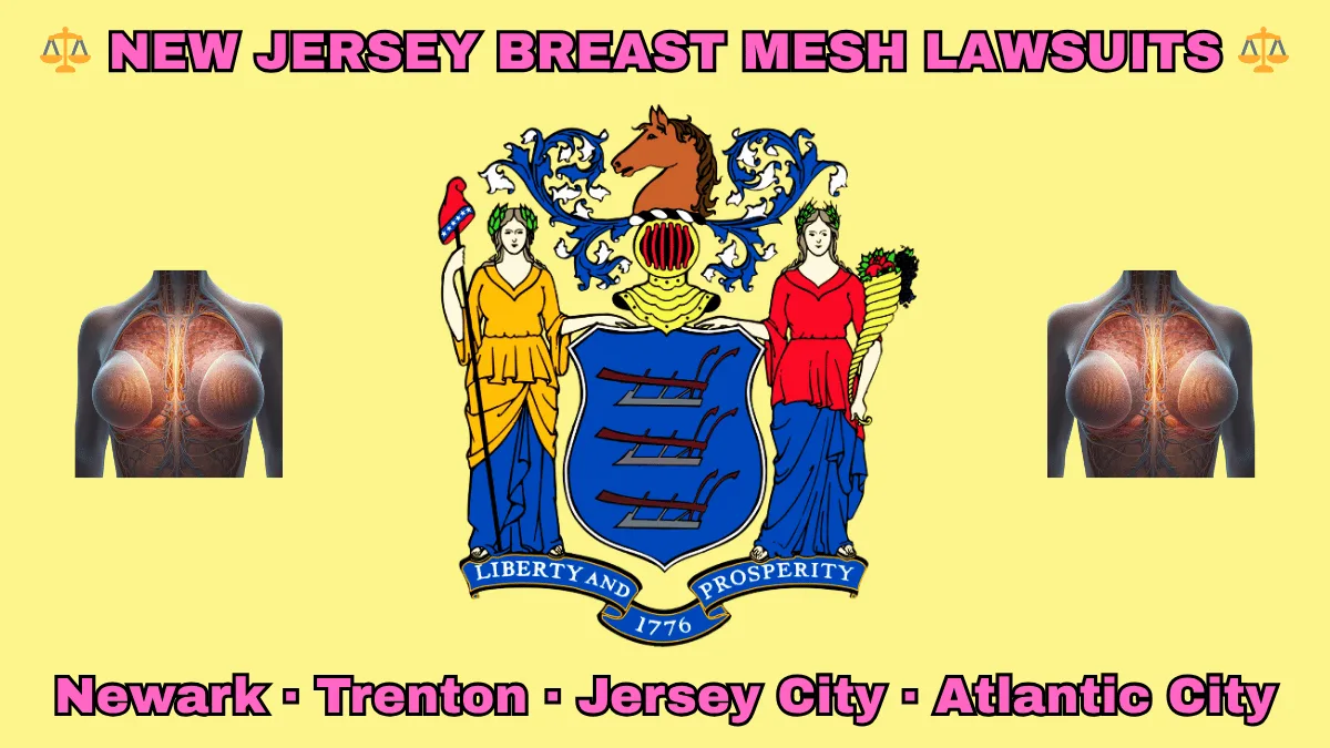NEW JERSEY BREAST MESH LAWSUITS: Newark, Trenton, Jersey City, and Atlantic City text on NJ state flag adorned with internal bra implants depicted near a shield with three plows, the goddesses Liberty and Ceres, and a horse head.