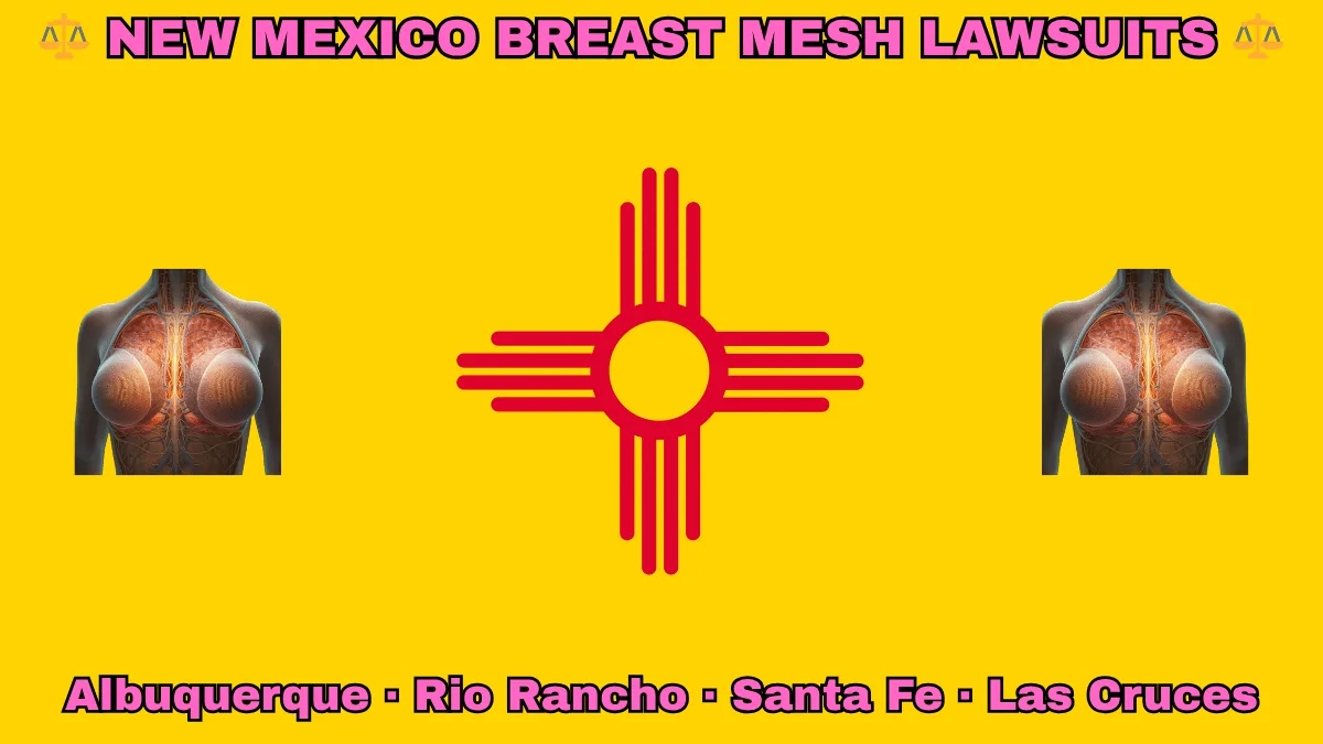 NEW MEXICO BREAST MESH LAWSUITS: Albuquerque, Rio Rancho, Santa Fe, and Las Cruces text on NM state flag adorned with internal bra implants depicted on a yellow background near a red Zia sun symbol