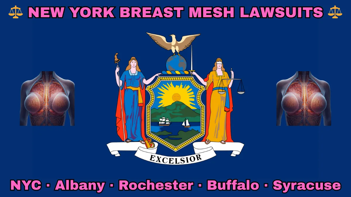NEW YORK BREAST MESH LAWSUITS: NYC, Albany, Rochester, Buffalo, and Syracuse text on NY state flag adorned with internal bra implants depicted near Liberty and Justice holding a sword and scales, an eagle atop a globe, and a shield featuring the sun shining over the mountains onto Hudson River boaters.