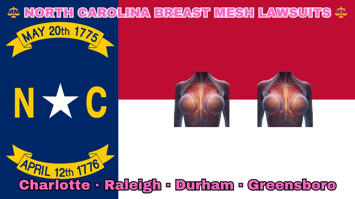 NORTH CAROLINA BREAST MESH LAWSUITS: Charlotte, Raleigh, Durham, and Greensboro text on NC state flag adorned with internal bra implants depicted near a star along blue, red and white color blocks.