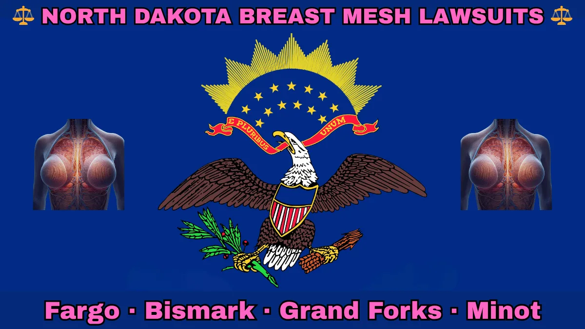 NORTH DAKOTA BREAST MESH LAWSUITS: Fargo, Bismark, Grand Forks, and Minot text on ND state flag adorned with internal bra implants depicted on a blue field near a bald eagle, ribbon, and shield.