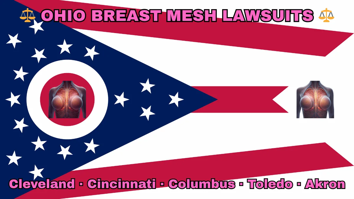 OHIO BREAST MESH LAWSUITS: Cleveland, Cincinnati, Columbus, Toledo, and Akron text on OH state flag adorned with internal bra implants depicted near a triangular swallowtail with red, white, and blue stripes and stars.