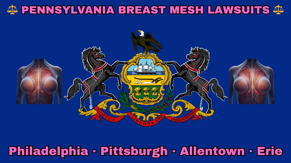 PENNSYLVANIA BREAST MESH LAWSUITS: Philadelphia, Pittsburgh, Allentown, and Erie text on PA state flag adorned with internal bra implants depicted near horses and an eagle flanking a shield featuring a ship, plow, and sheaves of wheat.