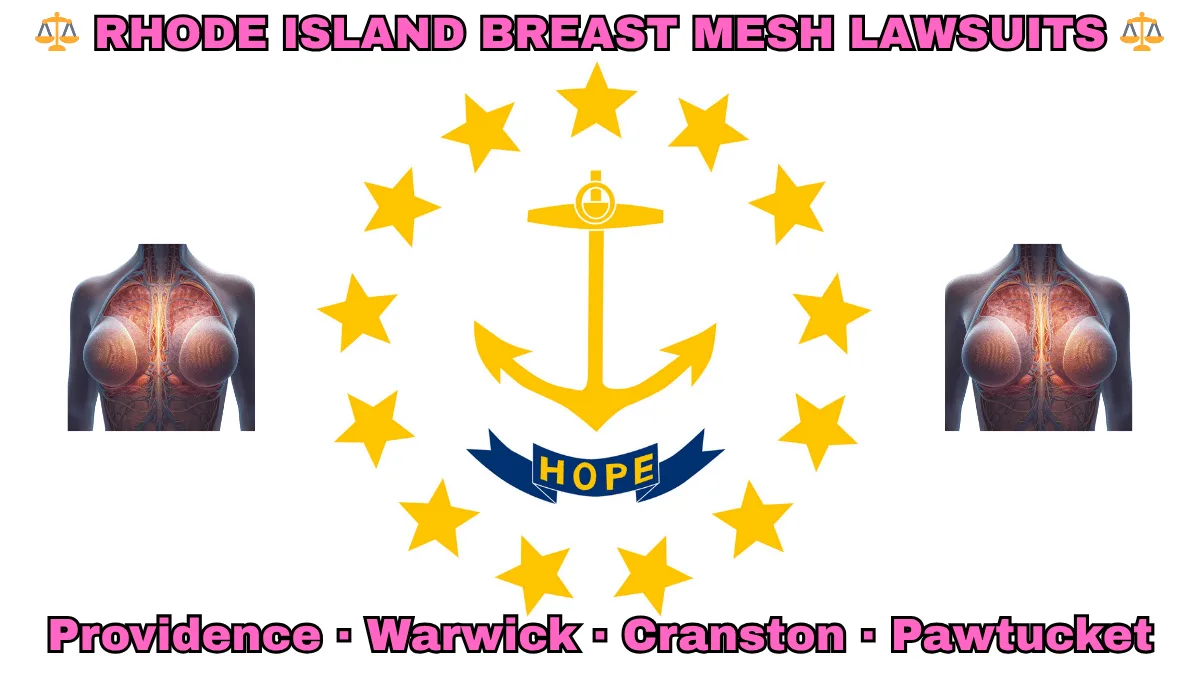 RHODE ISLAND BREAST MESH LAWSUITS: Providence, Warwick, Cranston, and Pawtucket text on RI state flag adorned with internal bra implants depicted on a white background near an anchor, gold stars, and “HOPE” motto