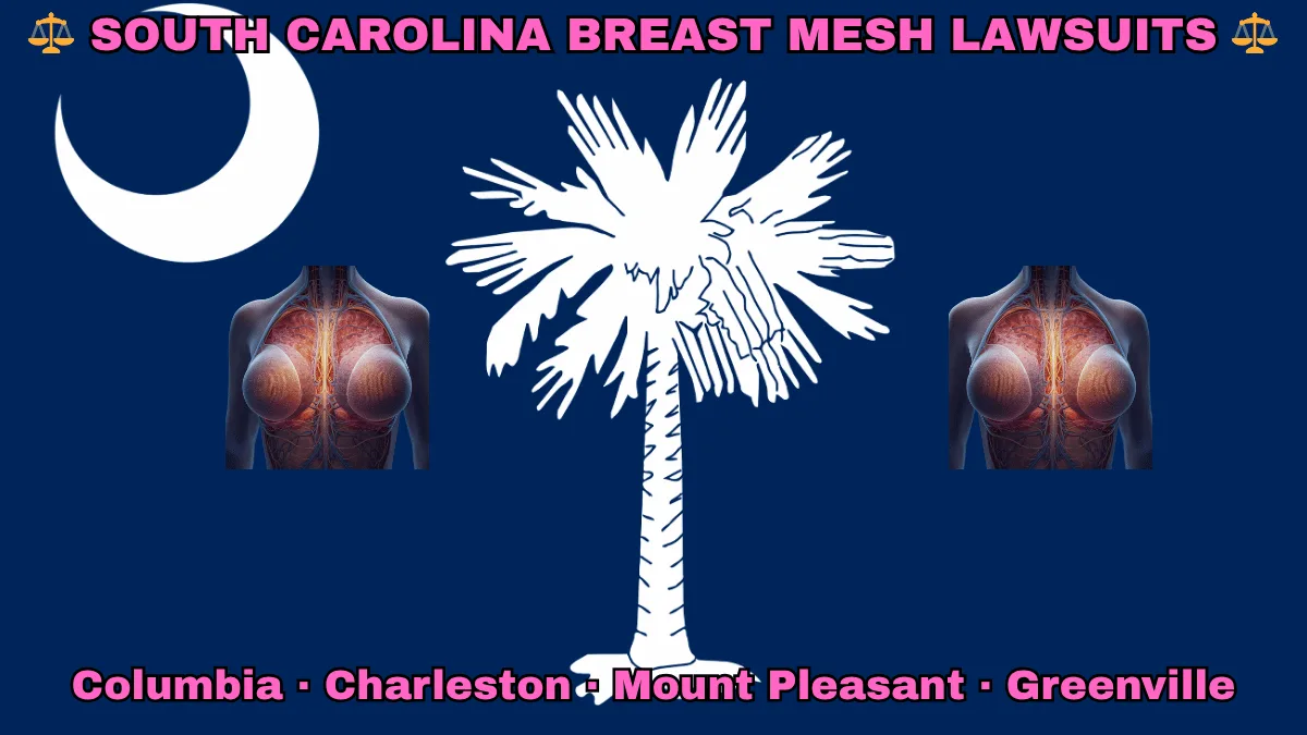 SOUTH CAROLINA BREAST MESH LAWSUITS: Columbia, Charleston, Mount Pleasant, and Greenville text on SC state flag adorned with internal bra implants depicted on a blue field near a white palmetto tree and crescent moon