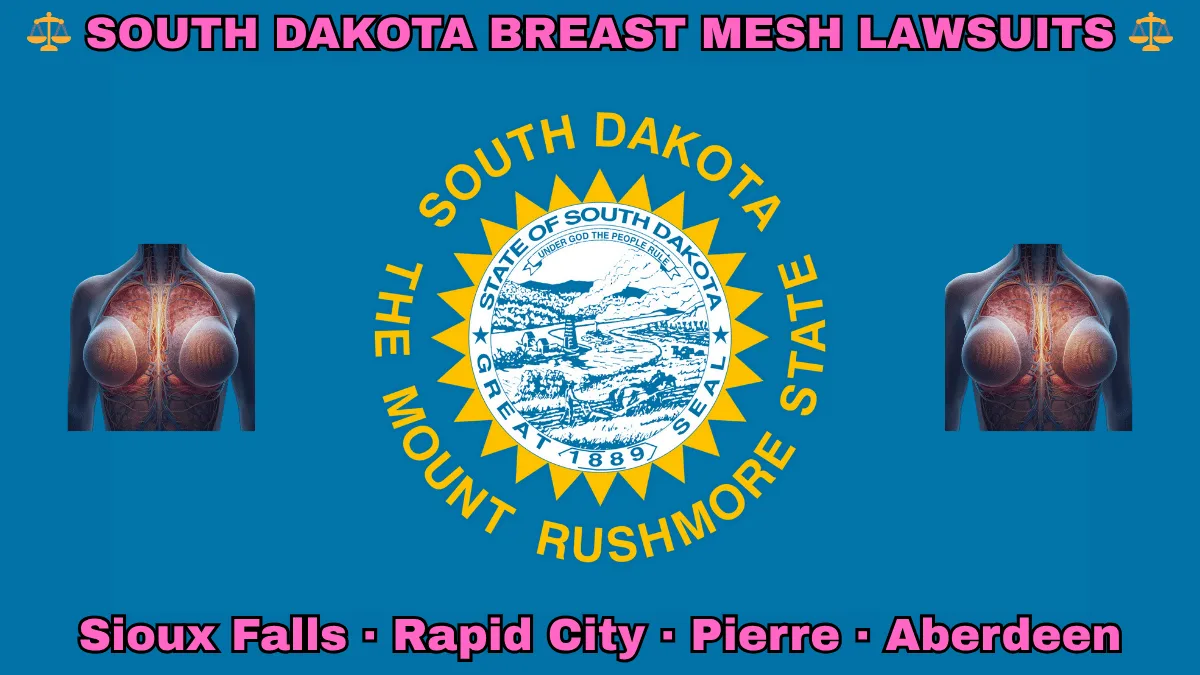 SOUTH DAKOTA BREAST MESH LAWSUITS: Sioux Falls, Rapid City, Pierre, and Aberdeen text on SD state flag adorned with internal bra implants depicted on a blue field near the official seal and words "THE MOUNT RUSHMORE STATE"
