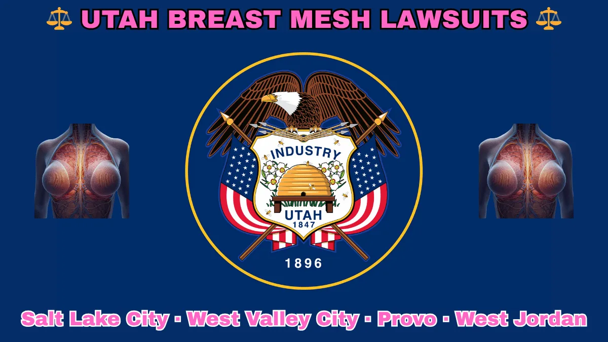 UTAH BREAST MESH LAWSUITS: Salt Lake City, West Valley City, Provo, and West Jordan text on UT state flag adorned with internal bra implants depicted on a blue field near a beehive, bald eagle, motto and date