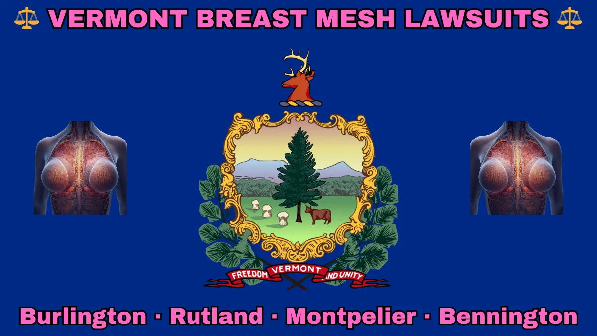 VERMONT BREAST MESH LAWSUITS: Burlington, Rutland, Montpelier, and Bennington text on VT state flag adorned with internal bra implants depicted on a blue field near the official coat of arms featuring a pine tree and cow