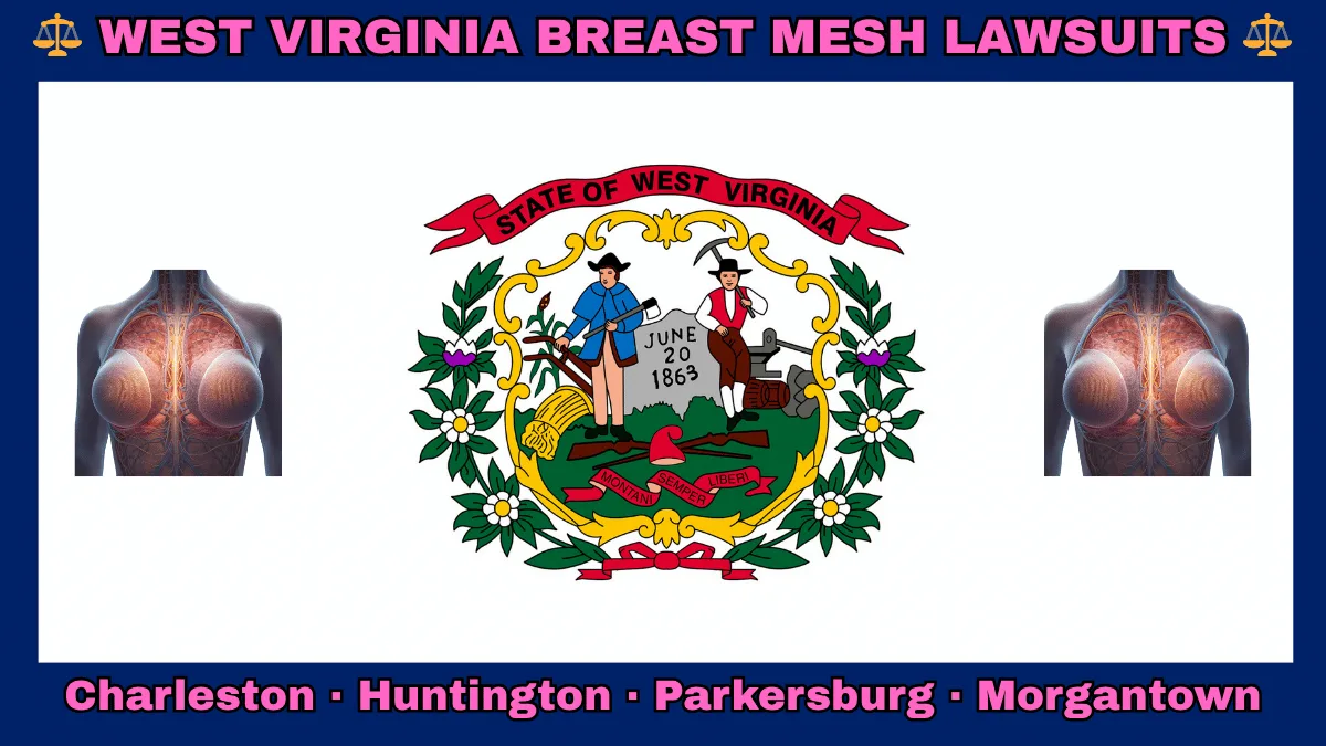 WEST VIRGINIA BREAST MESH LAWSUITS: Charleston, Huntington, Parkersburg, and Morgantown text on WV state flag adorned with internal bra implants depicted on a white field with blue border near the official seal encircled by rhododendrons