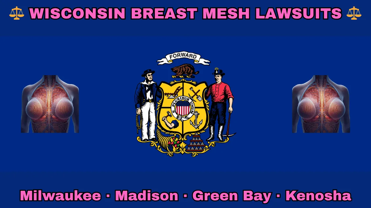 WISCONSIN BREAST MESH LAWSUITS: Milwaukee, Madison, Green Bay, and Kenosha text on WI state flag adorned with internal bra implants depicted near a sailor and miner flanking a shield featuring agriculture, mining, manufacturing, and navigation, a badger above, and a cornucopia and lead ingot.