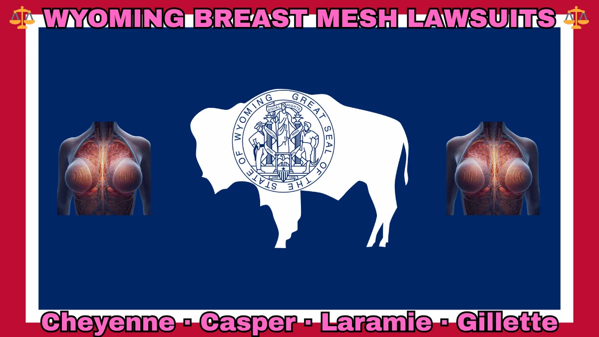 WYOMING BREAST MESH LAWSUITS: Cheyenne, Casper, Laramie, and Gillette text on WY state flag adorned with internal bra implants depicted on a blue field bordered in white and red near a white bison bearing the official seal.