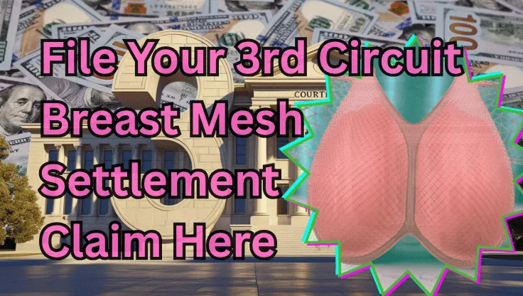 File Your 3rd Circuit Breast Mesh Settlement Claim Here text on depiction of Third Circuit court with an internal bra and high-value cash backdrop.