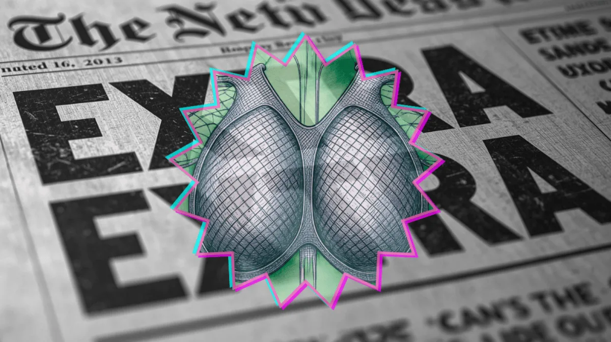 An internal bra depicted on newspaper print reading 